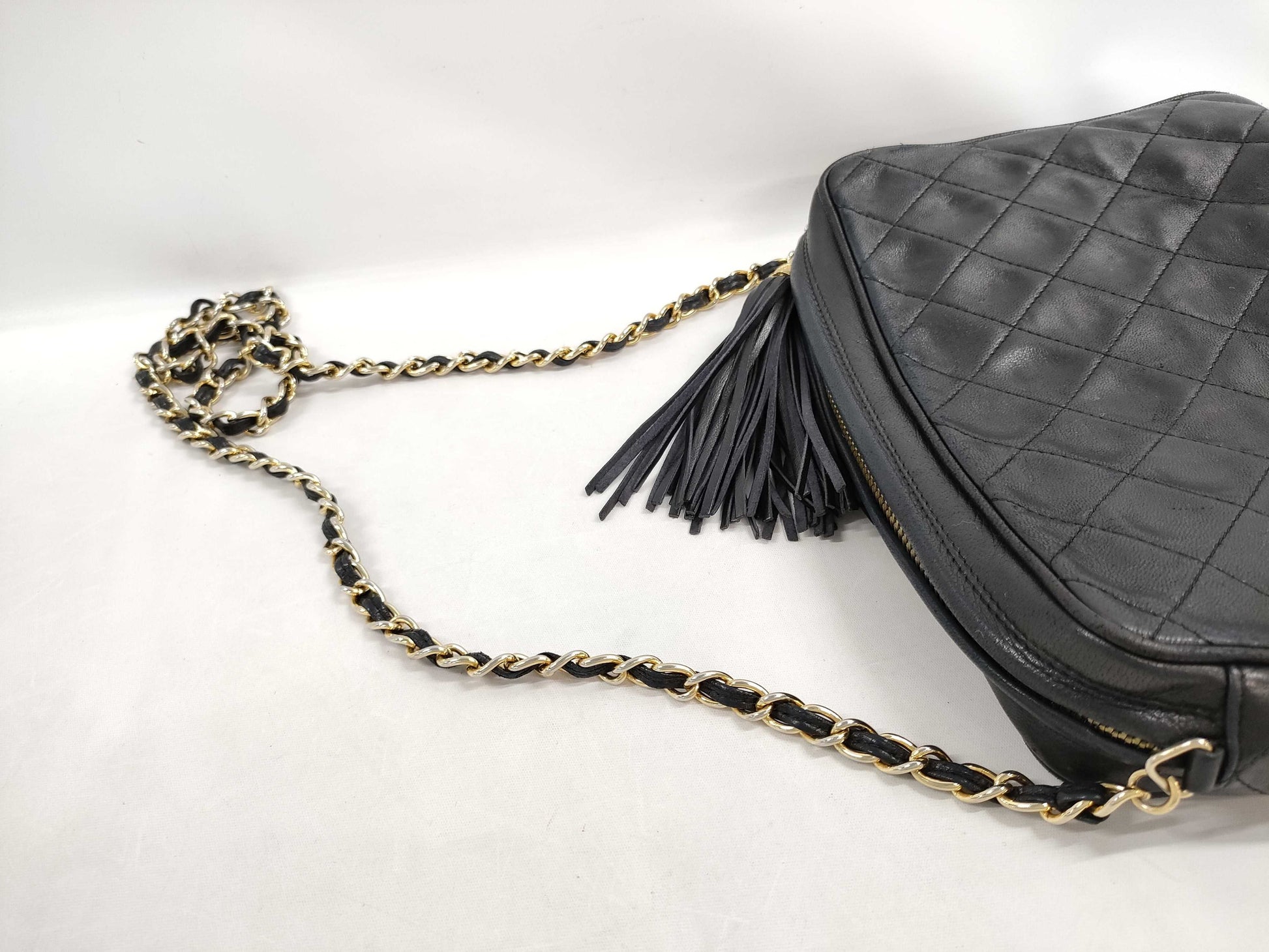 CHANEL Matelasse Lambskin Chain Shoulder Bag with Fringe, Black, and Gold Hardware, 1146182