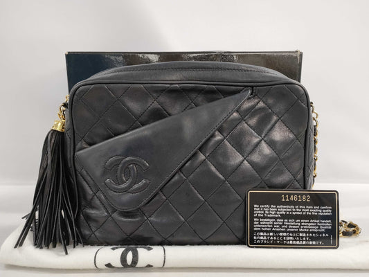 CHANEL Matelasse Lambskin Chain Shoulder Bag with Fringe, Black, and Gold Hardware, 1146182