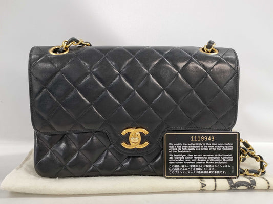 CHANEL Matelasse Lambskin Double Flap Double Chain Bag in Black with Gold Hardware, 1119943 Shoulder Bag
