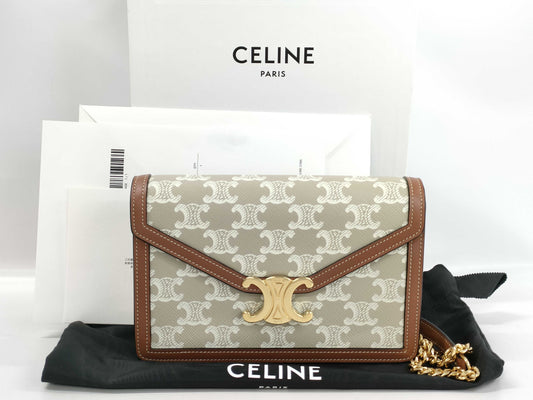 CELINE Triomphe Margot Chain Shoulder Bag, Brown x Beige. Accessories: Box, Dust Bag, Invoice, Shoulder Bag.