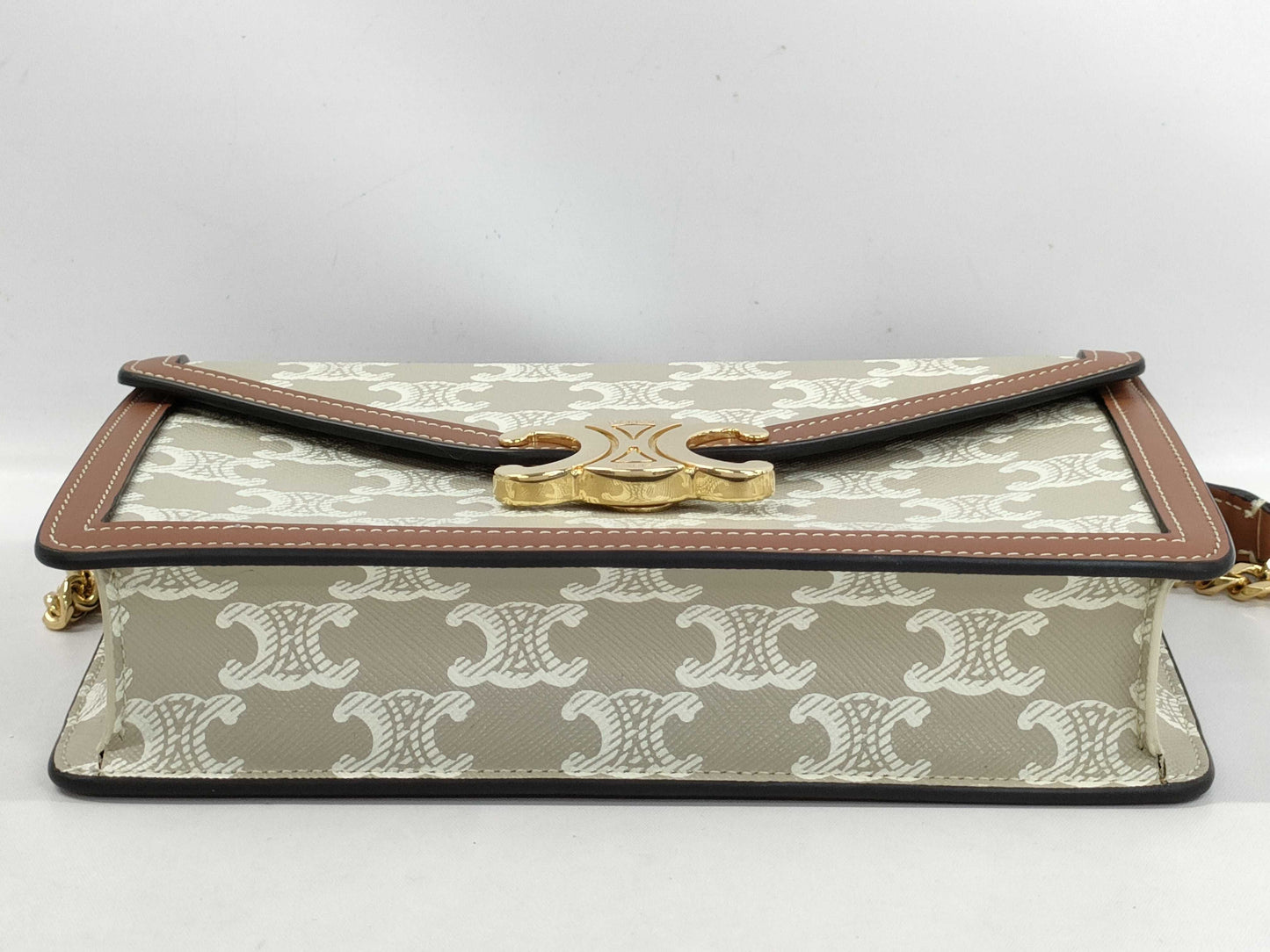 CELINE Triomphe Margot Chain Shoulder Bag, Brown x Beige. Accessories: Box, Dust Bag, Invoice, Shoulder Bag.