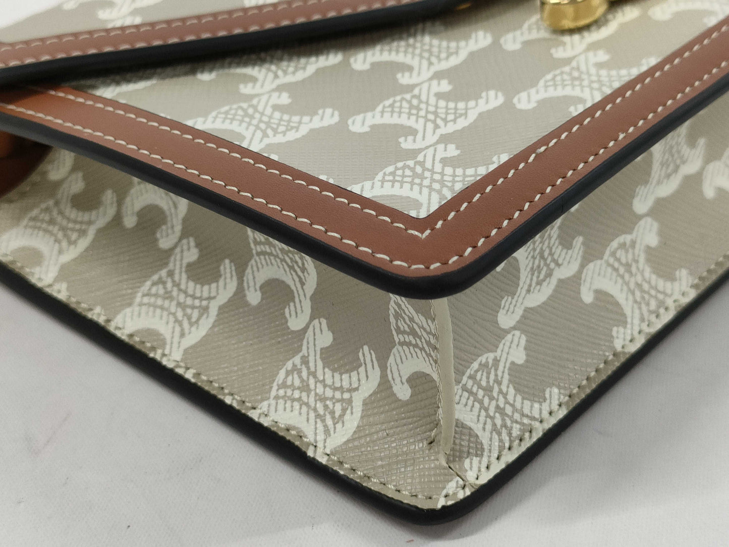 CELINE Triomphe Margot Chain Shoulder Bag, Brown x Beige. Accessories: Box, Dust Bag, Invoice, Shoulder Bag.