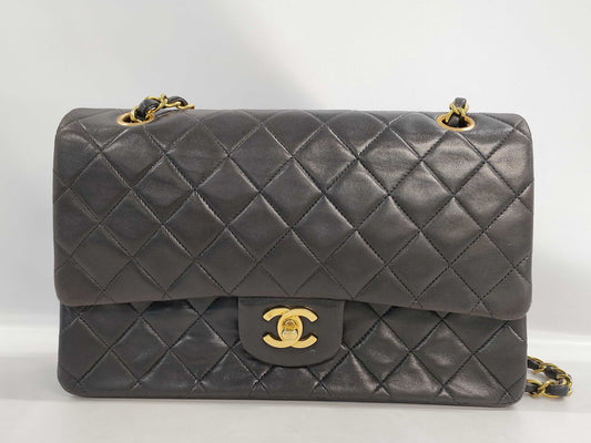 CHANEL Matelasse 25 Double Flap Double Chain Shoulder Bag in Black Lambskin