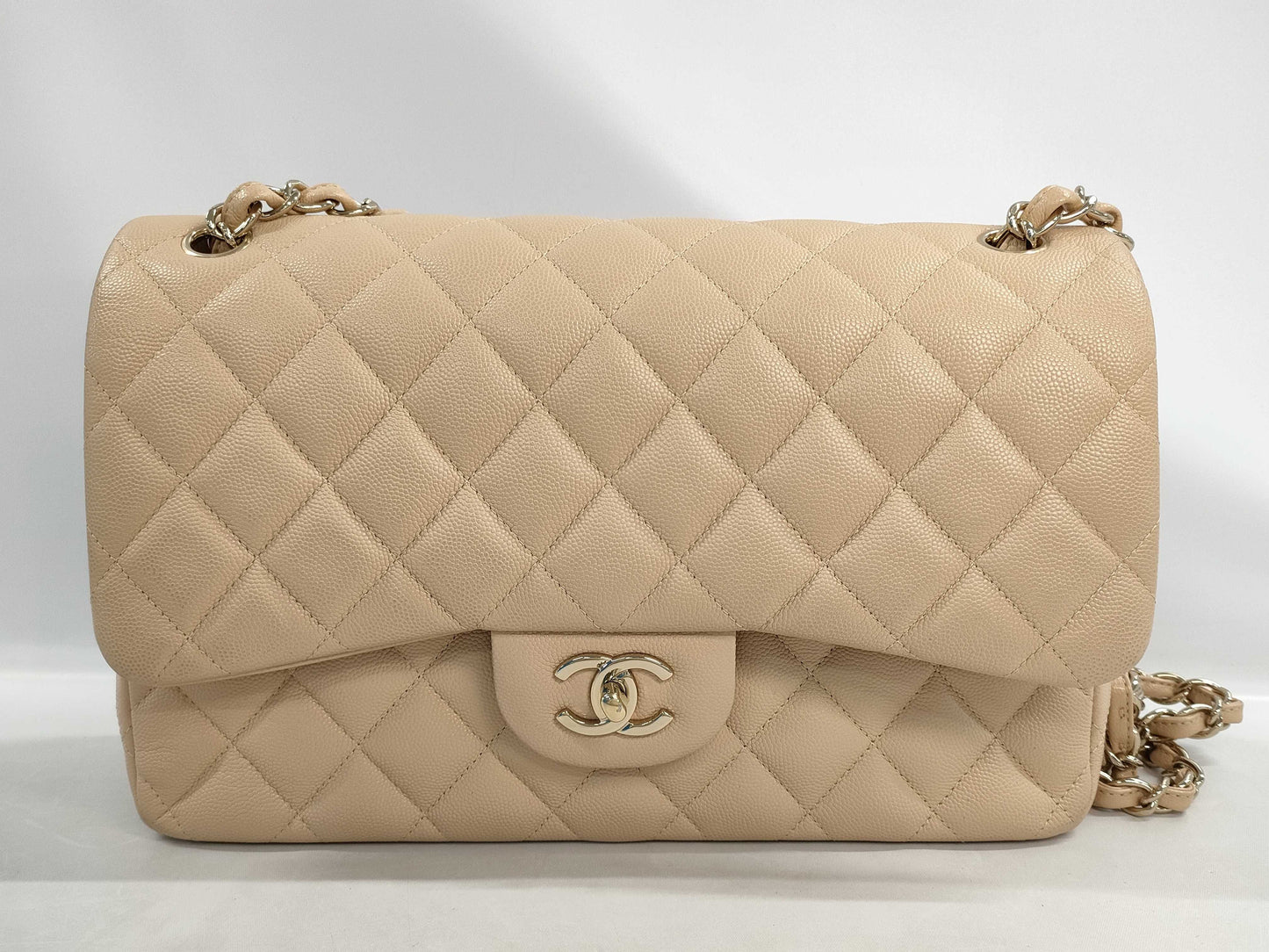 CHANEL Deca Matelasse 30 Shoulder Bag, Double Flap, Caviar Leather, Beige