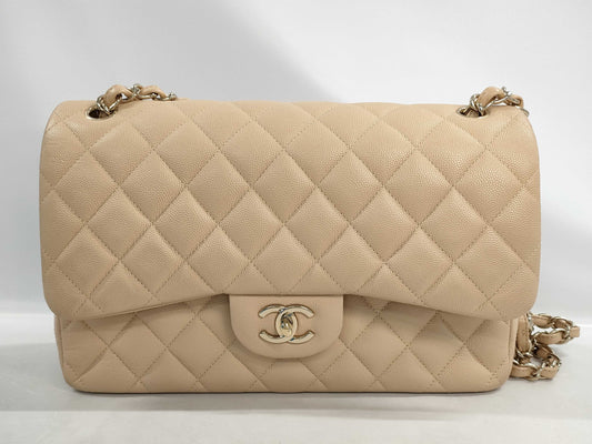 CHANEL Deca Matelasse 30 Shoulder Bag, Double Flap, Caviar Leather, Beige