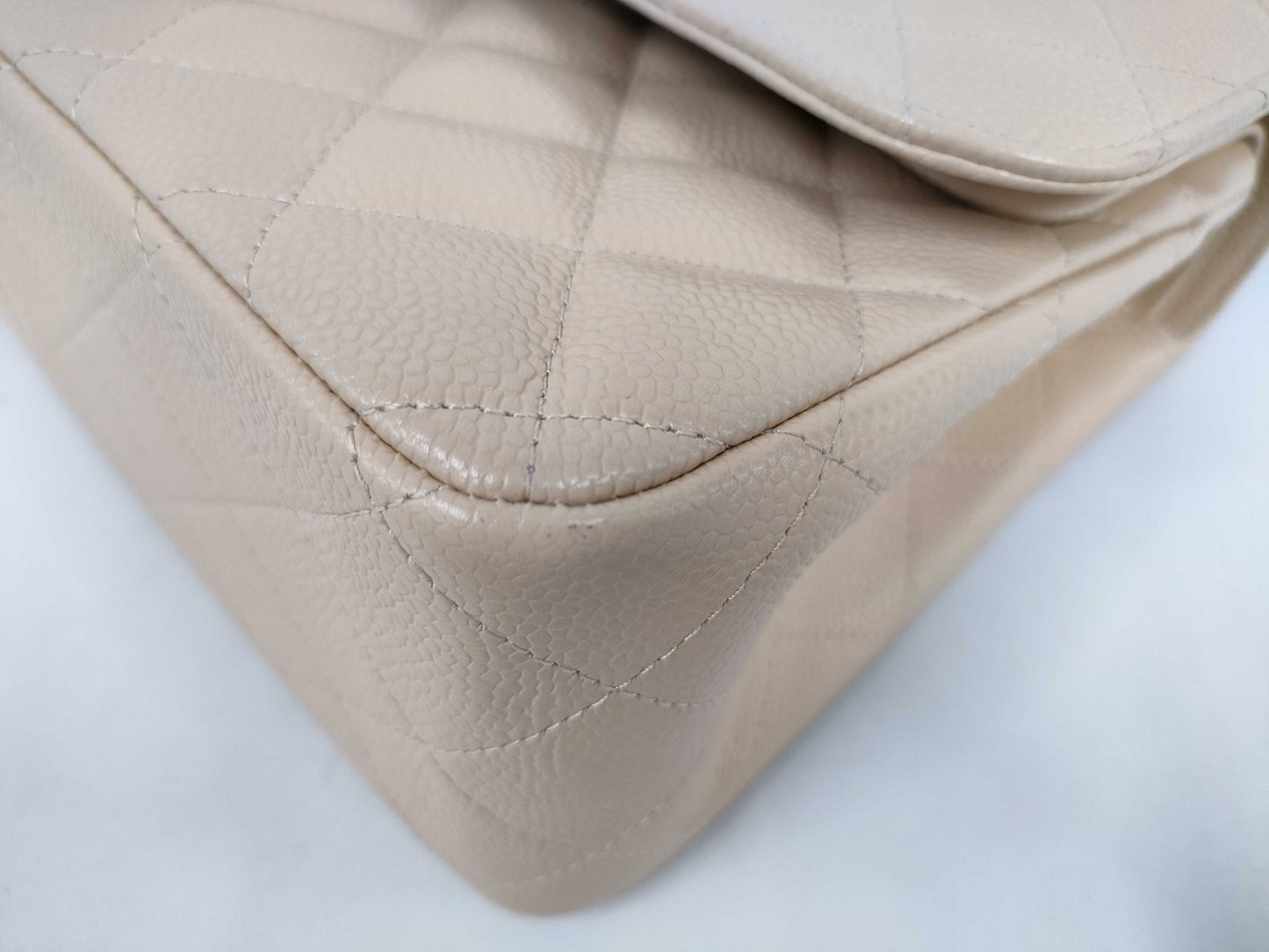 CHANEL Caviar Skin Double Flap Deca Matelasse Beige Shoulder Bag