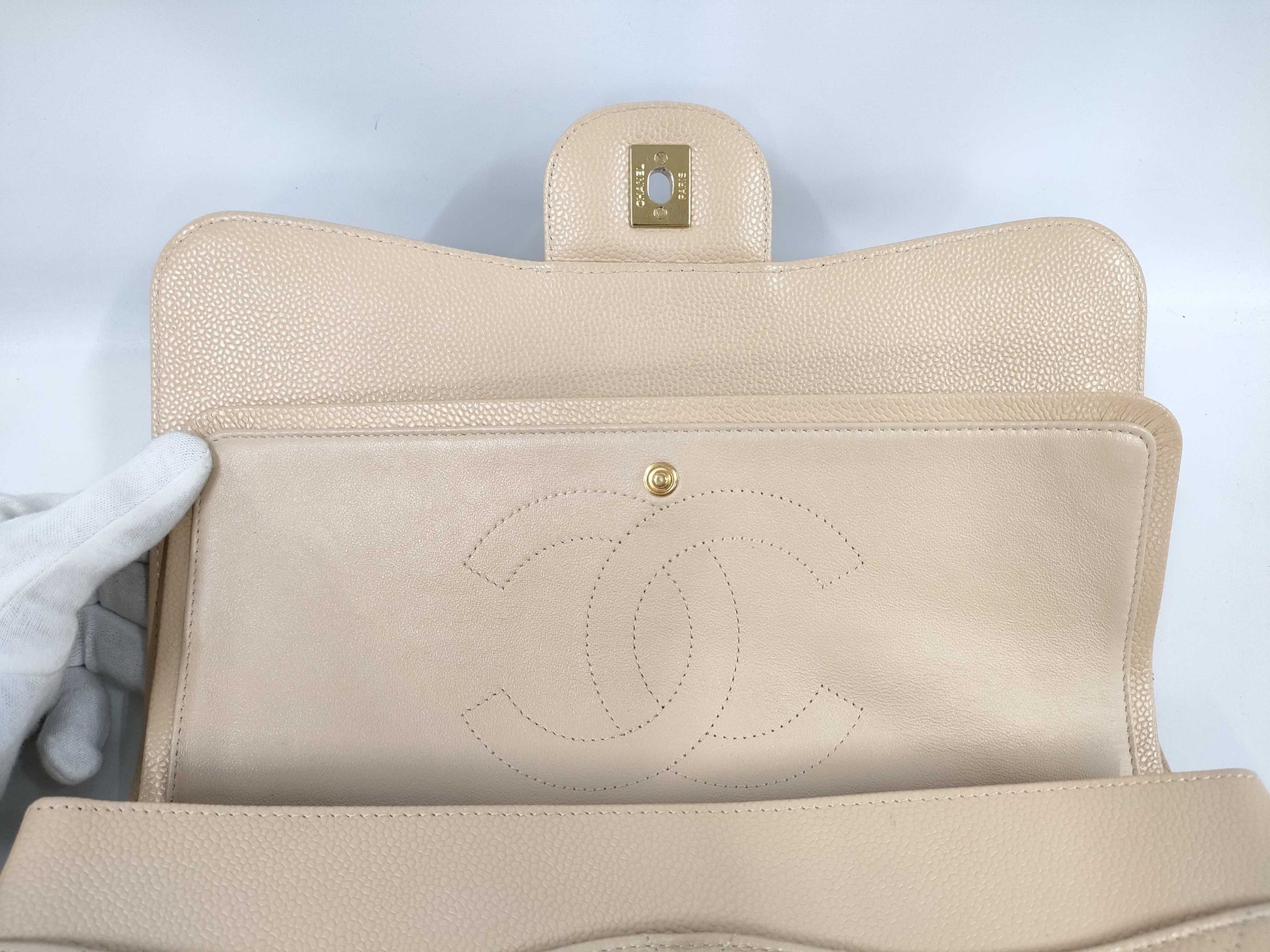 CHANEL Caviar Skin Double Flap Deca Matelasse Beige Shoulder Bag