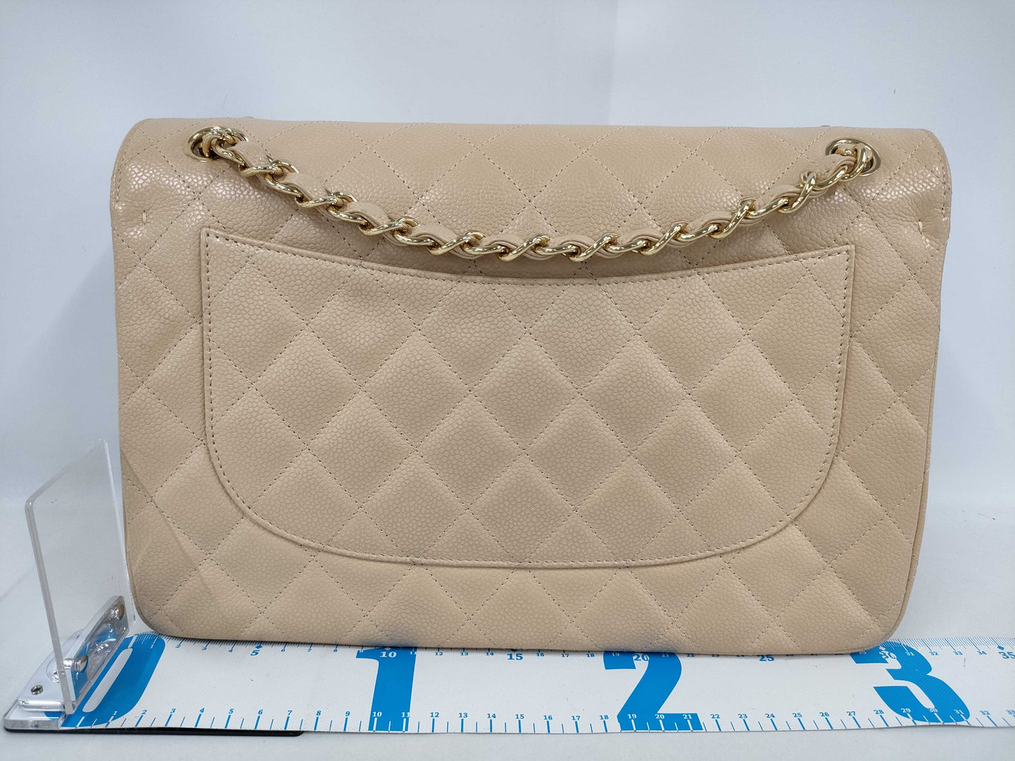CHANEL Caviar Skin Double Flap Deca Matelasse Beige Shoulder Bag