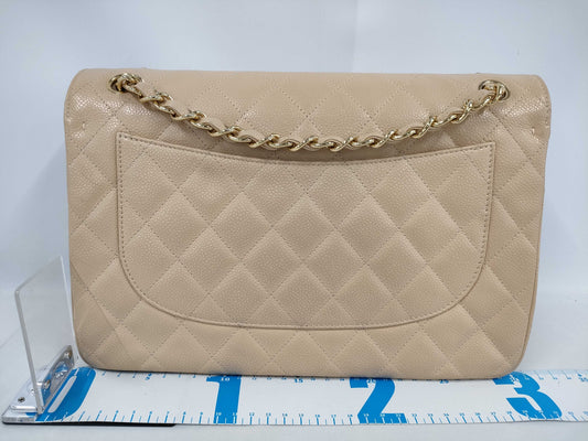 CHANEL Caviar Skin Double Flap Deca Matelasse Beige Shoulder Bag