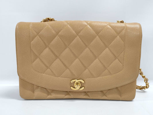 CHANEL Caviar Diana Beige Shoulder Bag