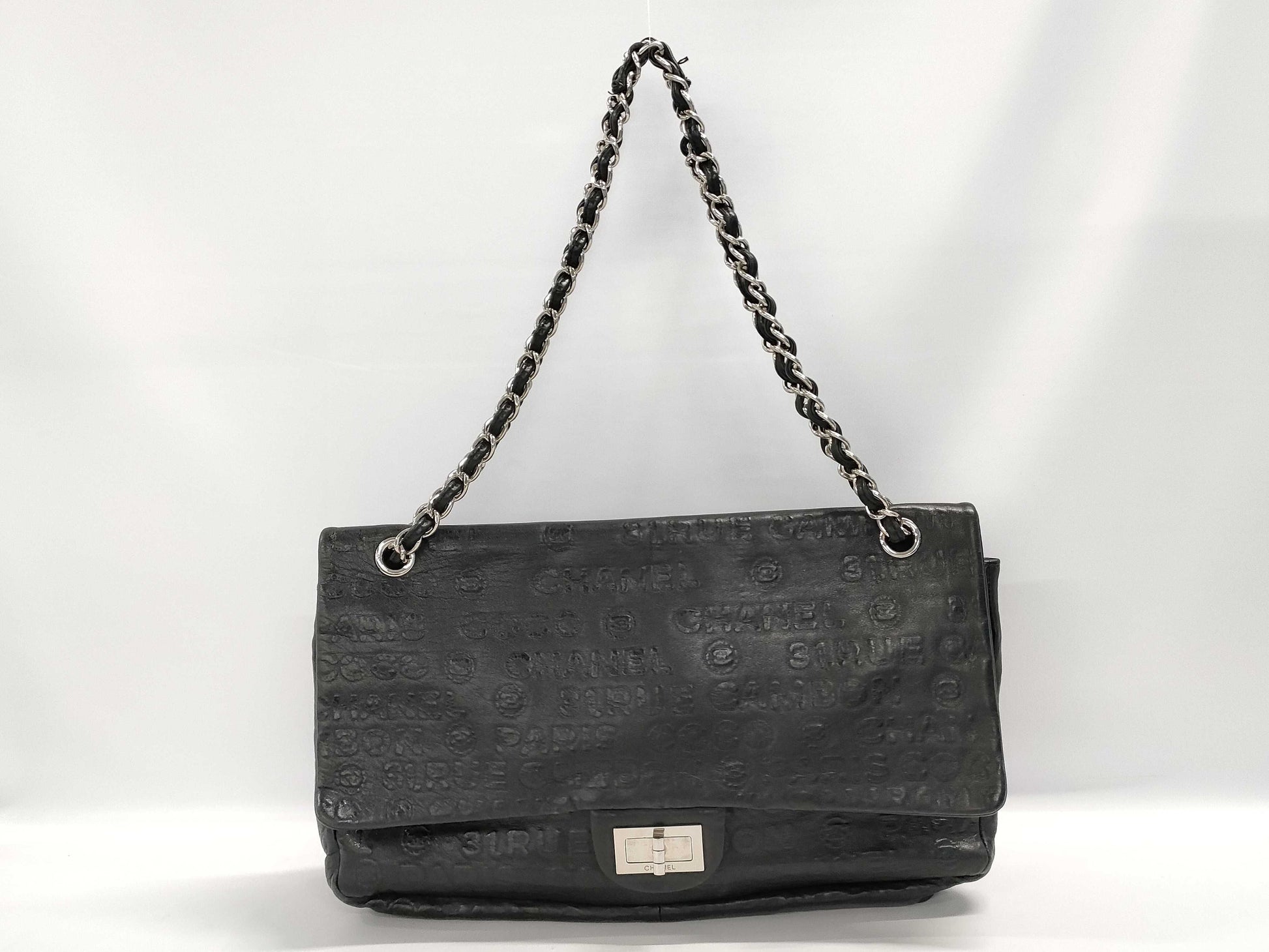CHANEL Chain Shoulder Bag 2.55 Unlimited Black Lambskin with Silver Hardware, Size 12