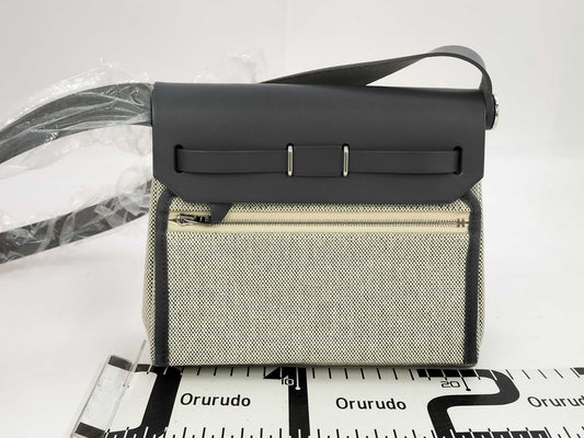 HERMES Airbag Zip Mini Toile Militaire Vache Hunter Ecru Ardoise Silver Hardware K Stamp Shoulder Bag