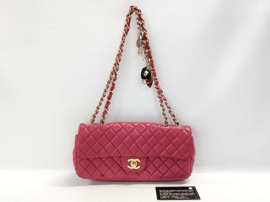 CHANEL Matelasse 25 Chain Shoulder Bag, East West Lambskin, Red, GD Hardware, 13409863, Sticker and Card Included