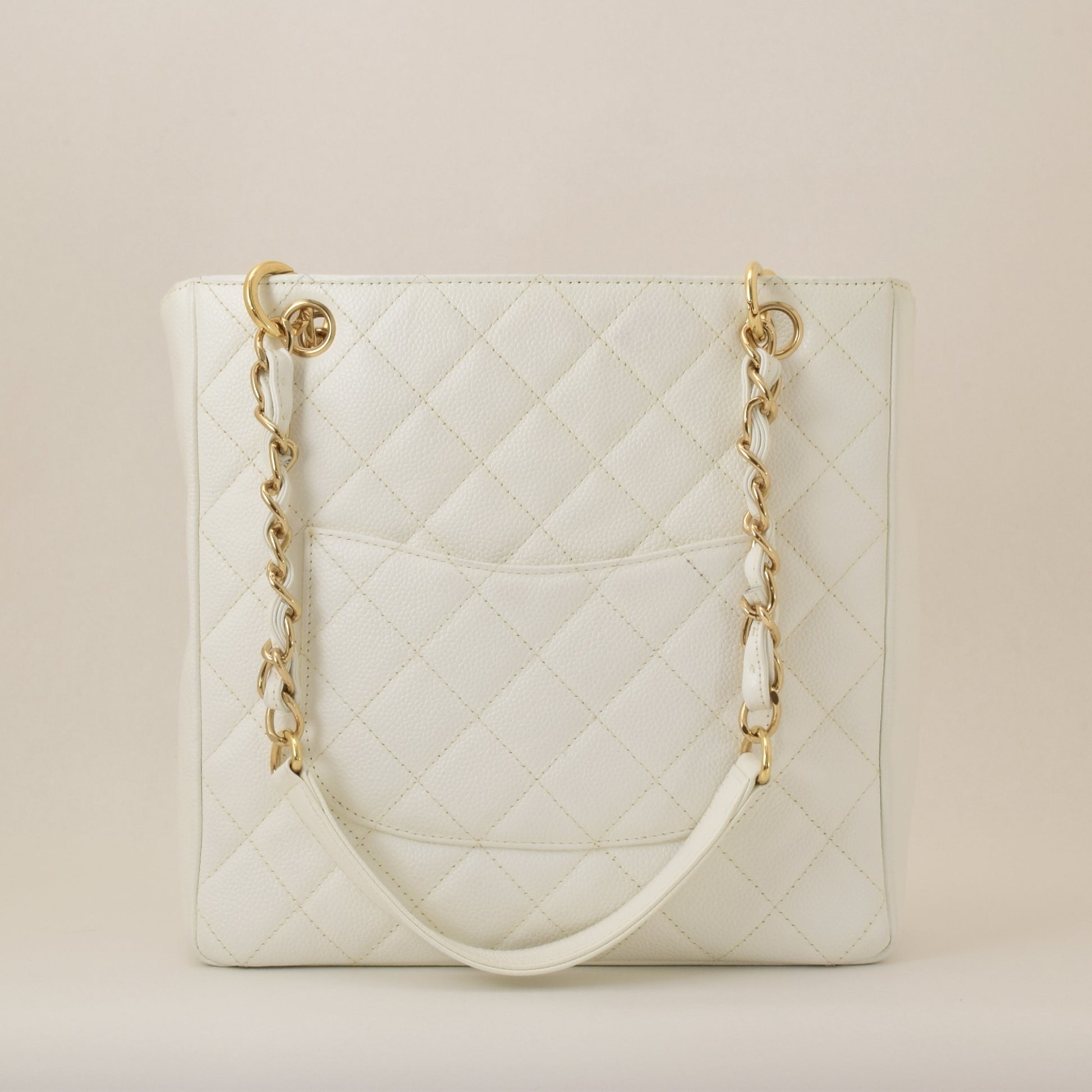 CHANEL Chain Tote Bag in Caviar Skin, White, with Sticker and Card