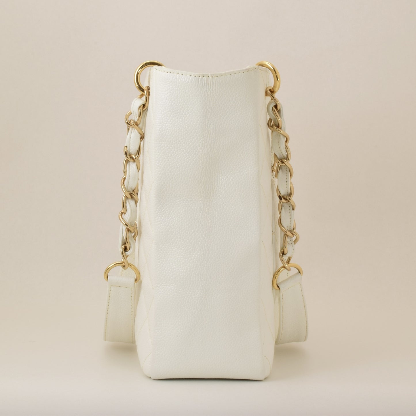 CHANEL Chain Tote Bag in Caviar Skin, White, with Sticker and Card