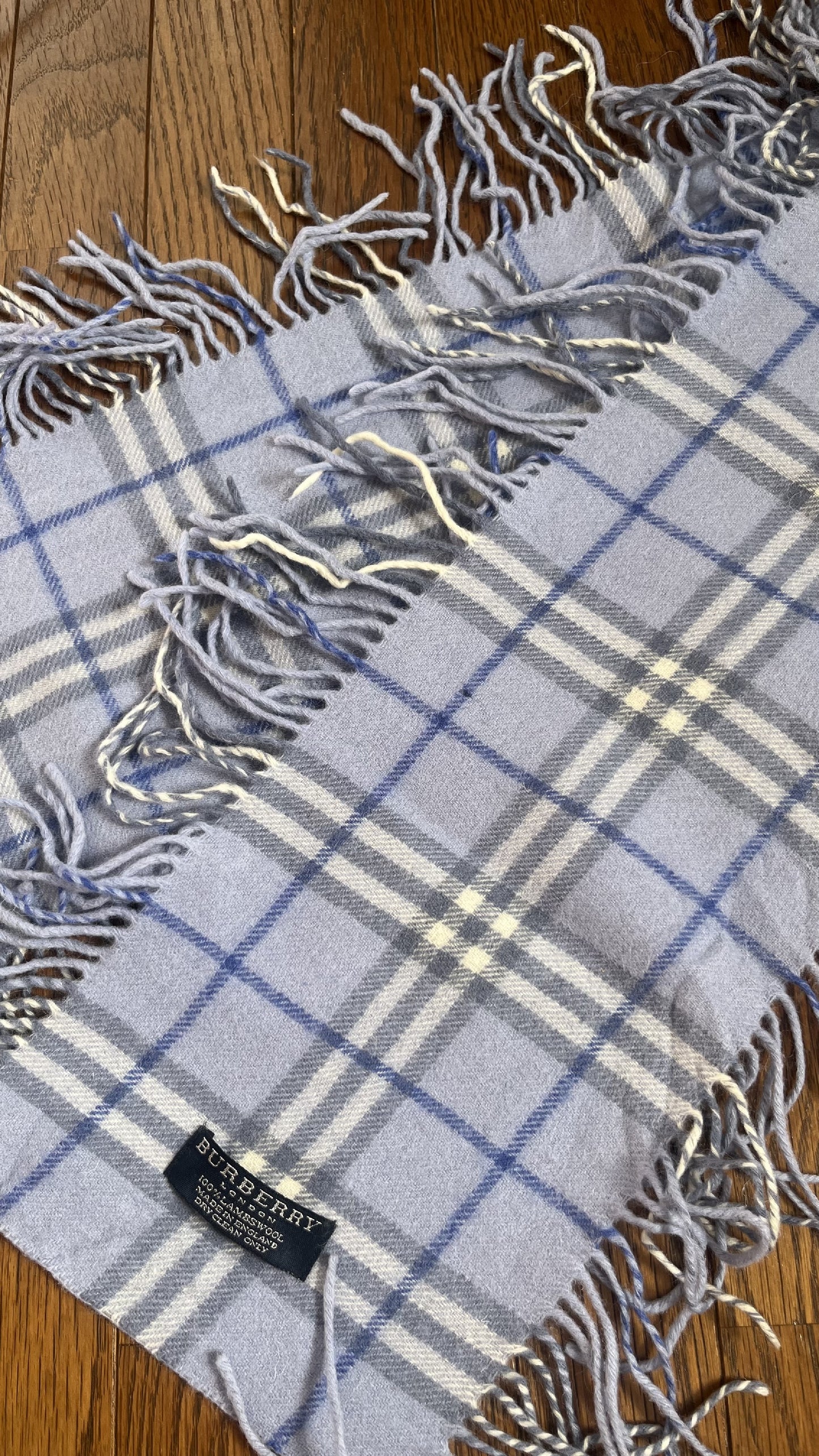 Rare BURBERRY Cashmere Scarf, Length: 150cm, Width: 17.5cm, 100% Cashmere, Ice Blue, Double Side Fringe