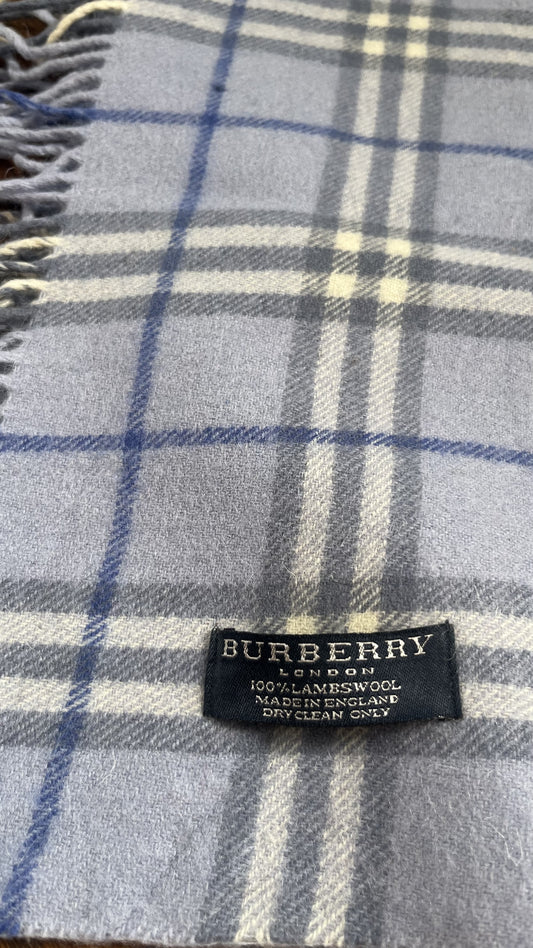 Rare BURBERRY Cashmere Scarf, Length: 150cm, Width: 17.5cm, 100% Cashmere, Ice Blue, Double Side Fringe