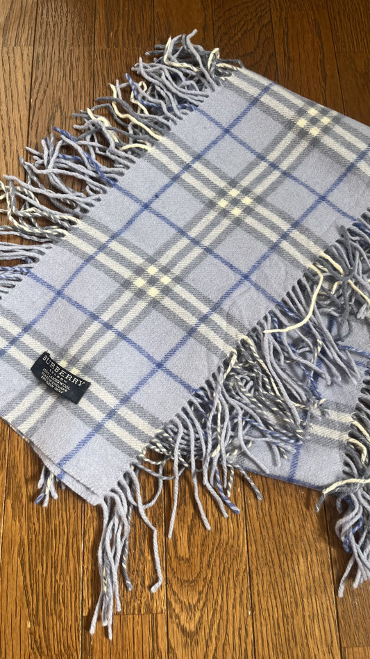 Rare BURBERRY Cashmere Scarf, Length: 150cm, Width: 17.5cm, 100% Cashmere, Ice Blue, Double Side Fringe