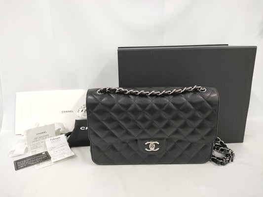 CHANEL Matelasse 30 Caviar Leather Double Flap Shoulder Bag with Silver Hardware and Black Chain, 27 Series