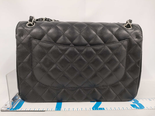 CHANEL Matelasse 30 Caviar Leather Double Flap Shoulder Bag with Silver Hardware and Black Chain, 27 Series
