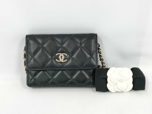 CHANEL Matelasse Camellia Chain Card Case, Lambskin Leather, Shoulder Bag