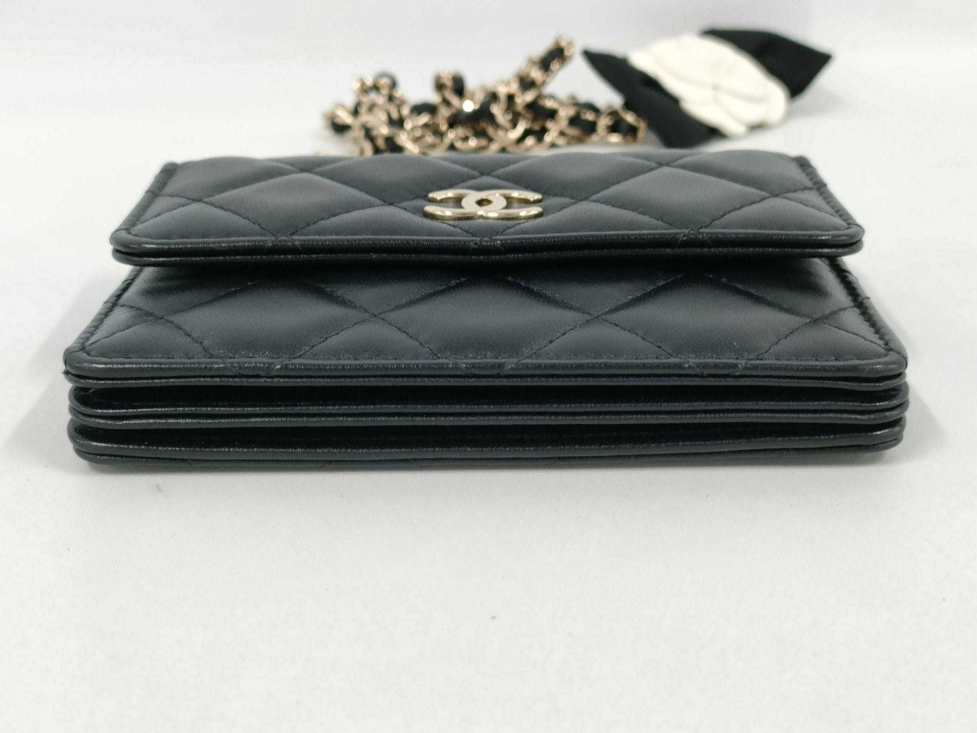 CHANEL Matelasse Camellia Chain Card Case, Lambskin Leather, Shoulder Bag