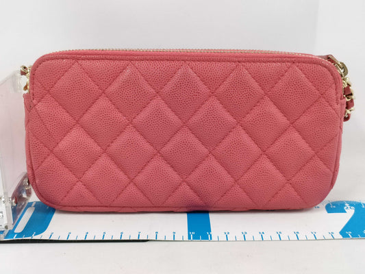 CHANEL Chain Wallet Pochette Double Zipper Matelasse Caviar Leather Rose Pink Wallet