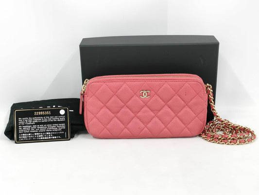 CHANEL Chain Wallet Pochette Double Zipper Matelasse Caviar Leather Rose Pink Wallet