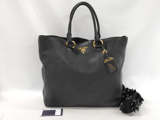PRADA 2-Way Leather Tote Bag Shoulder Bag Black Tote Bag