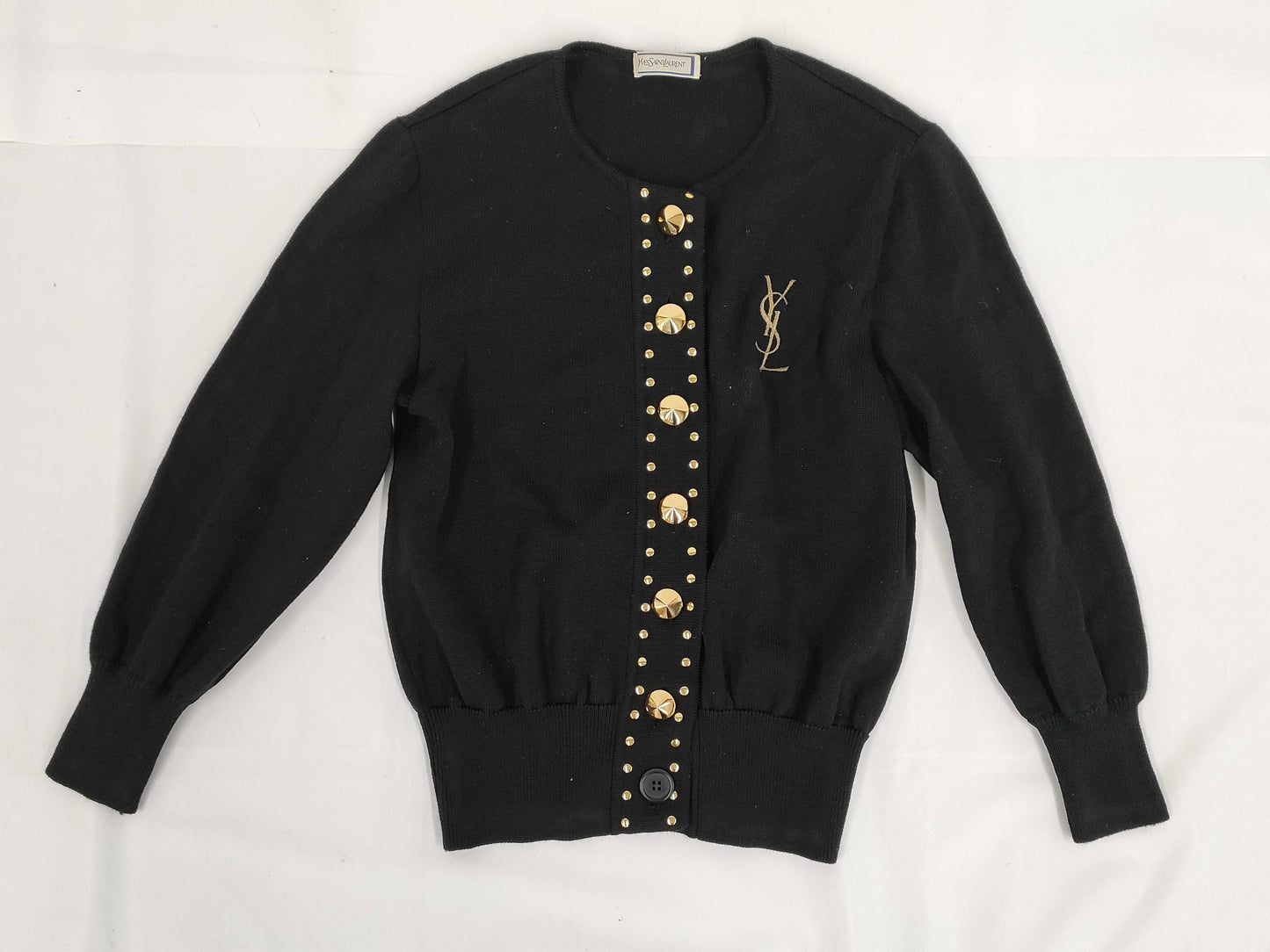 Yves Saint Laurent Black Cardigan with YSL Embroidery and Gold Buttons, Size M