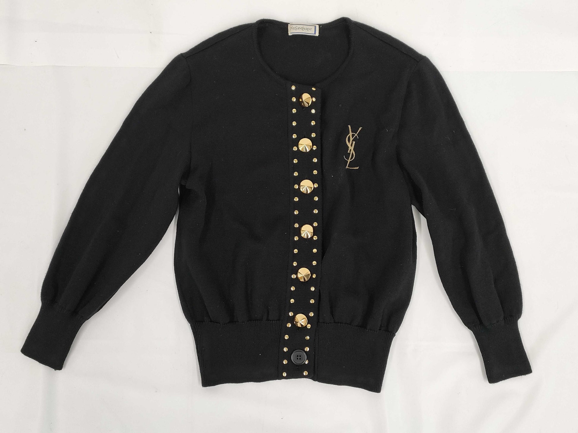 Yves Saint Laurent Black Cardigan with YSL Embroidery and Gold Buttons, Size M