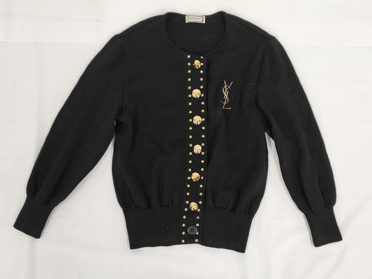Yves Saint Laurent Black Cardigan with YSL Embroidery and Gold Buttons, Size M