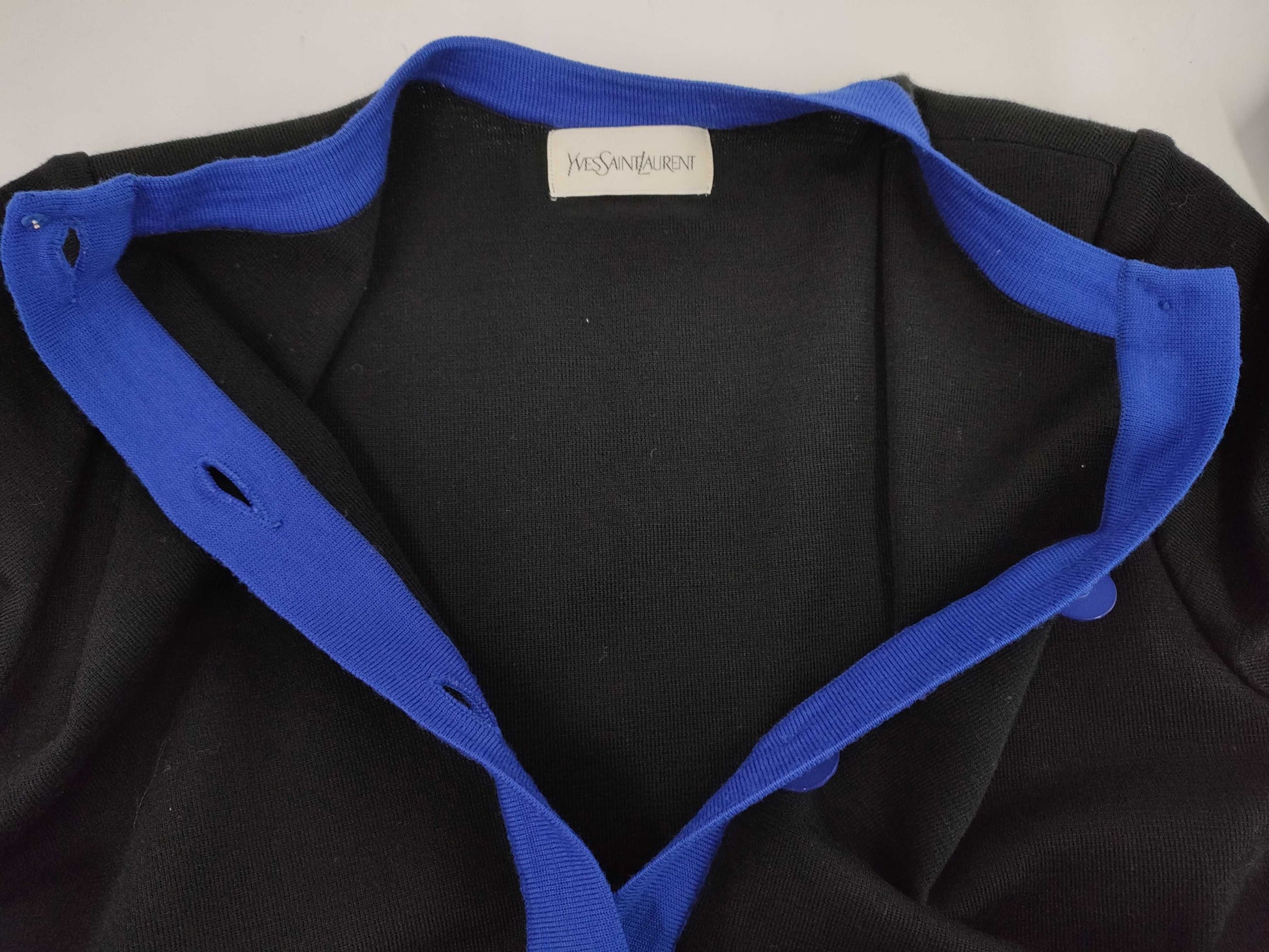 Yves Saint Laurent YSL Long Cardigan, Two-Tone, Black and Royal Blue, Size M