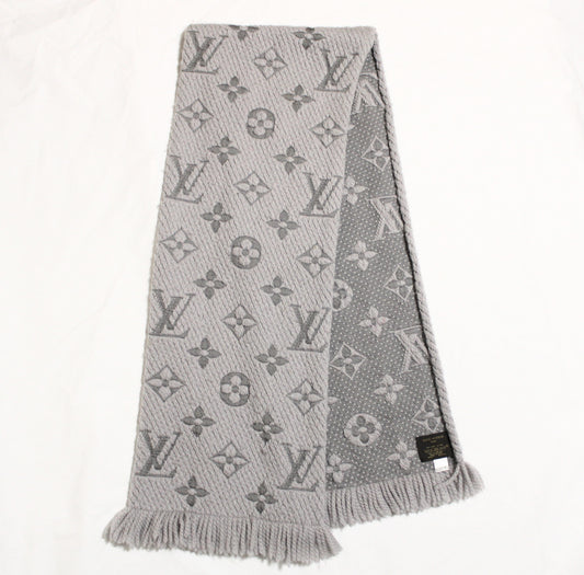 LOUIS VUITTON Vuitton Muffler Echarp Logomania Silk Wool Grey Muffler