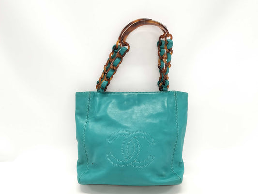 CHANEL Lambskin Plastic Chain Shoulder Bag with Coco Mark and Turquoise