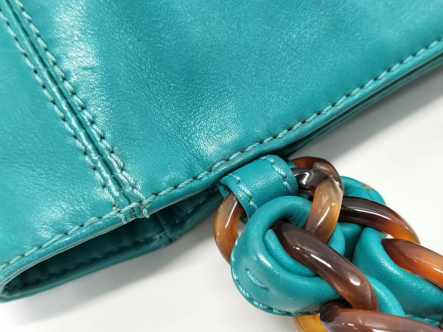 CHANEL Lambskin Plastic Chain Shoulder Bag with Coco Mark and Turquoise