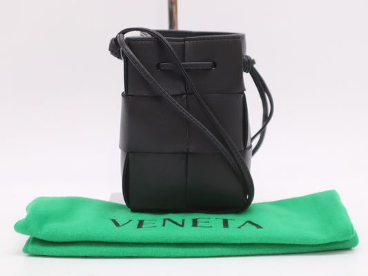 BOTTEGA VENETA Leather Intrecciato Cassette Mini Bag, Black, with Dust Bag, Shoulder Bag