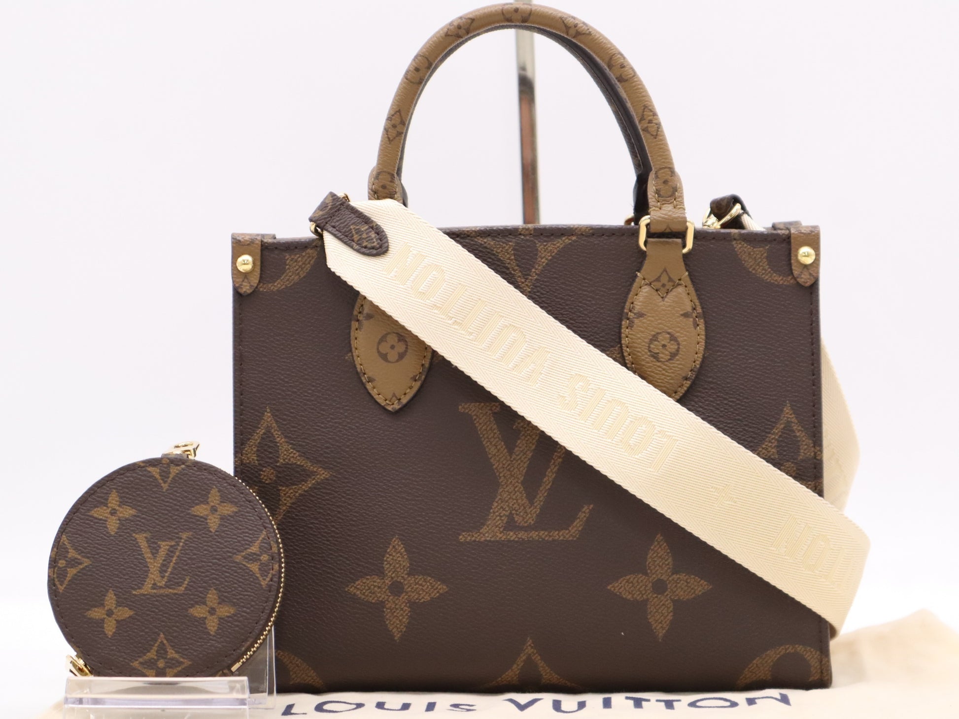 LOUIS VUITTON M46373 On the Go PM Handbag with Pouch, Dust Bag, and Shoulder Strap, RFID Verified, No Serial Tag