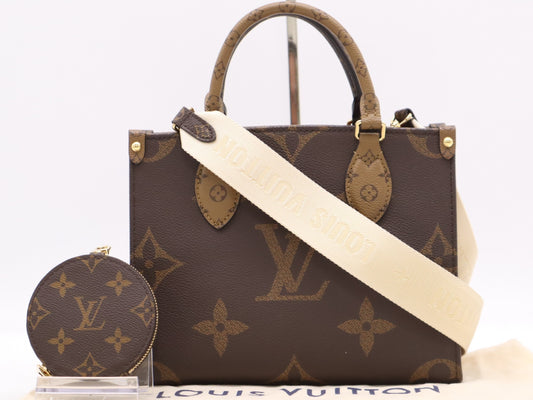 LOUIS VUITTON M46373 On the Go PM Handbag with Pouch, Dust Bag, and Shoulder Strap, RFID Verified, No Serial Tag
