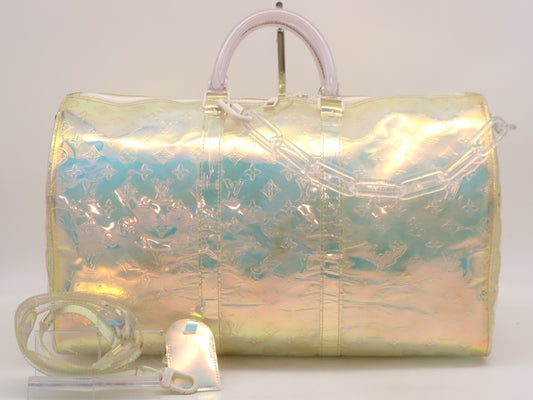 LOUIS VUITTON M53271 Monogram Prism Keepall Bandouliere 50 Boston Bag with Name Tag, Poignier Design, and Shoulder Strap