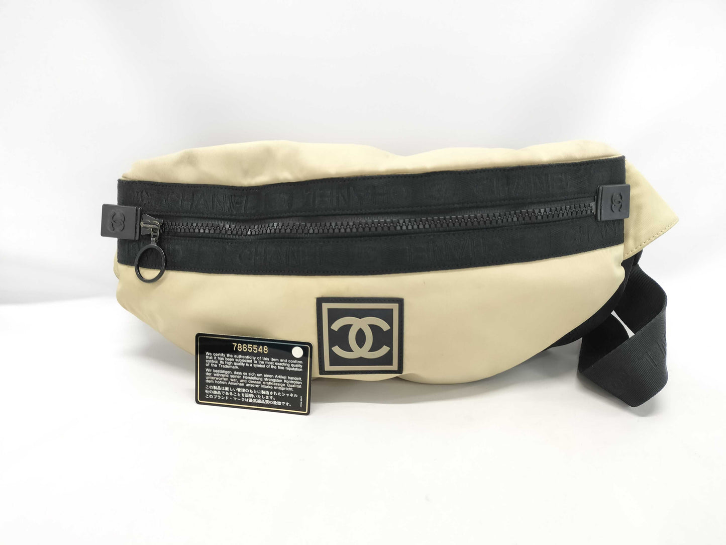 CHANEL Sport Line Banana Waist Bag, Nylon, Beige, Sticker, Card, 7865548, Shoulder Bag with Card