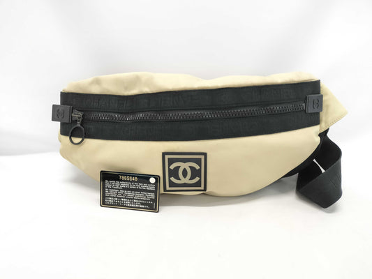 CHANEL Sport Line Banana Waist Bag, Nylon, Beige, Sticker, Card, 7865548, Shoulder Bag with Card