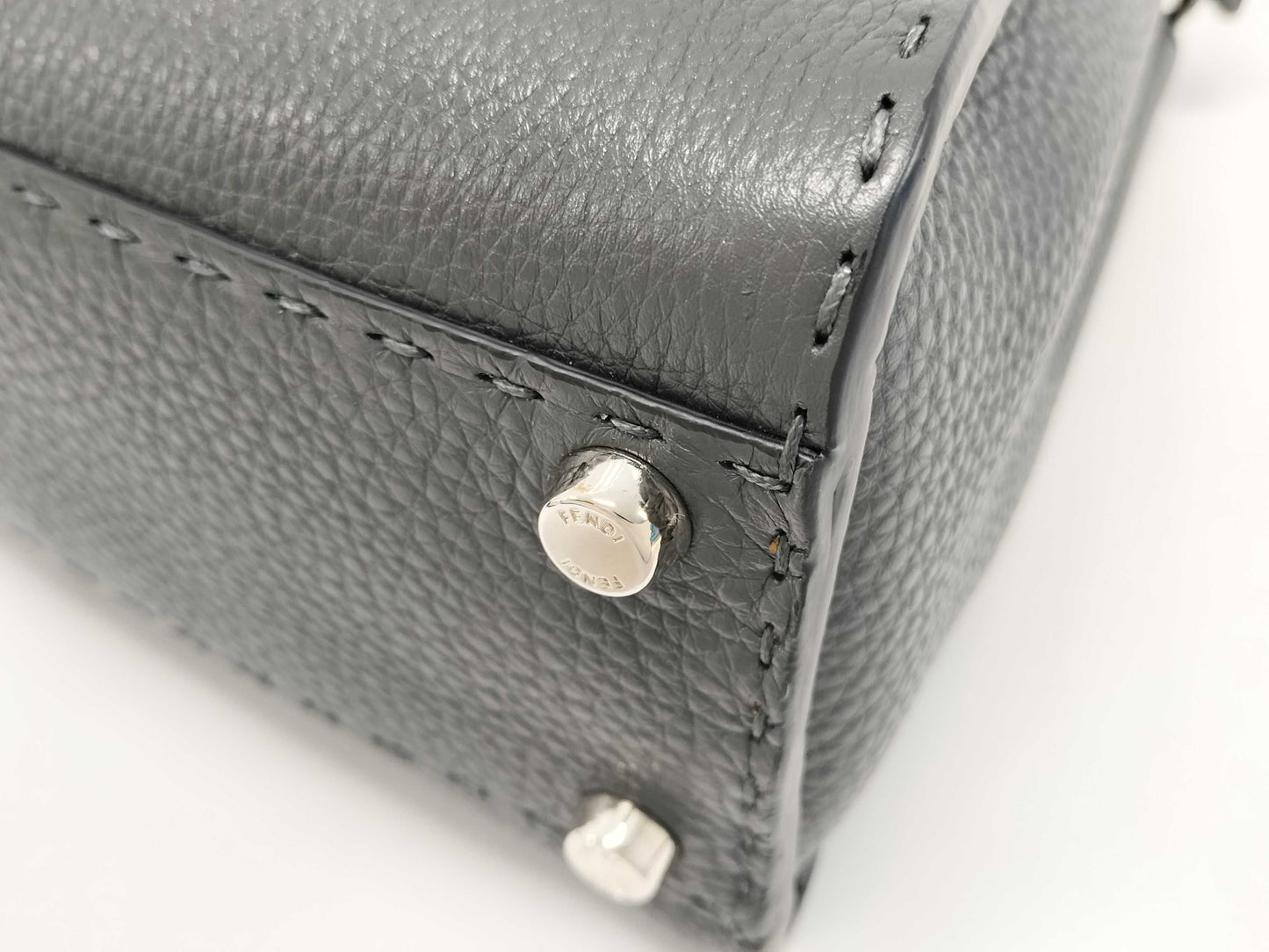 FENDI 8BN290 Selleria Regular Peekaboo 2-Way Handbag in Gray Leather with Strap, Box, and Dust Bag