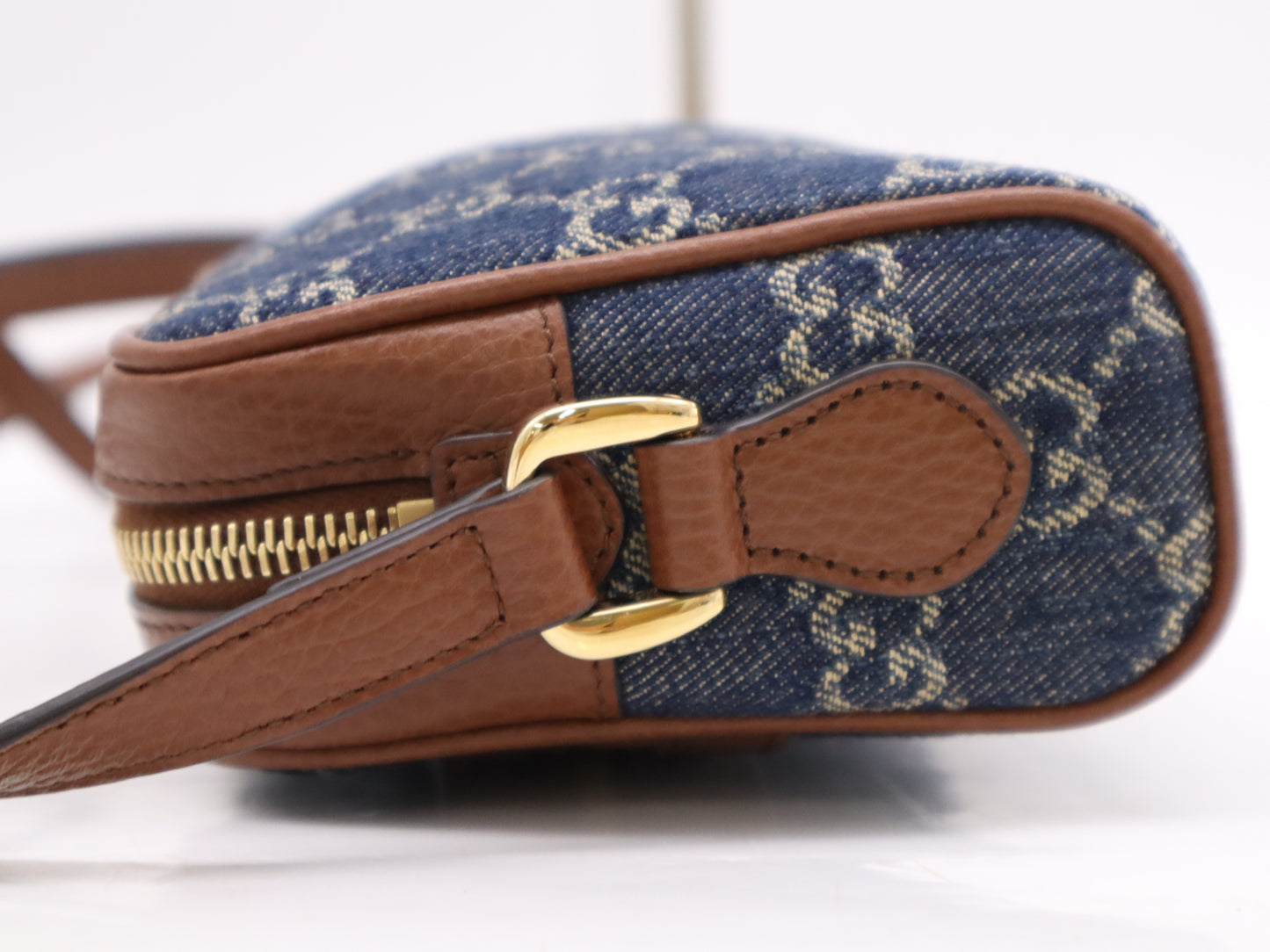 GUCCI 493075 GG Jacquard Denim Shoulder Bag Blue Brown Shoulder Bag