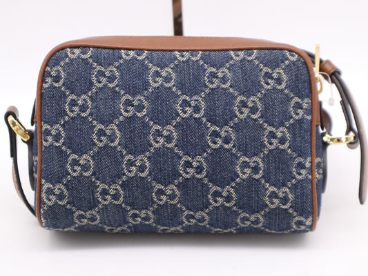 GUCCI 493075 GG Jacquard Denim Shoulder Bag Blue Brown Shoulder Bag