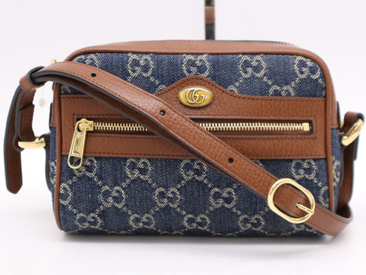 GUCCI 493075 GG Jacquard Denim Shoulder Bag Blue Brown Shoulder Bag
