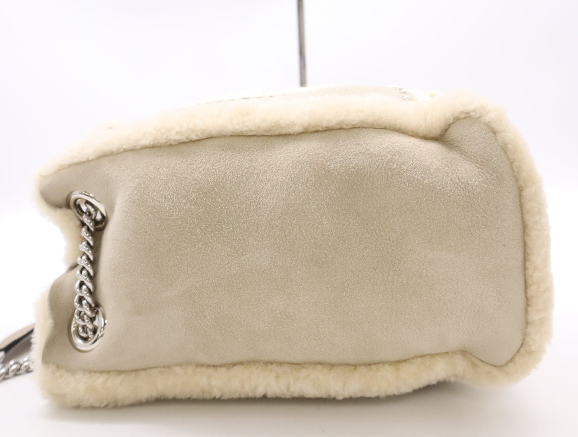GUCCI 308982 Mouton Soho Boa Chain Shoulder Tote Bag in Gray and Beige with Dust Bag, Pouch, and Charm