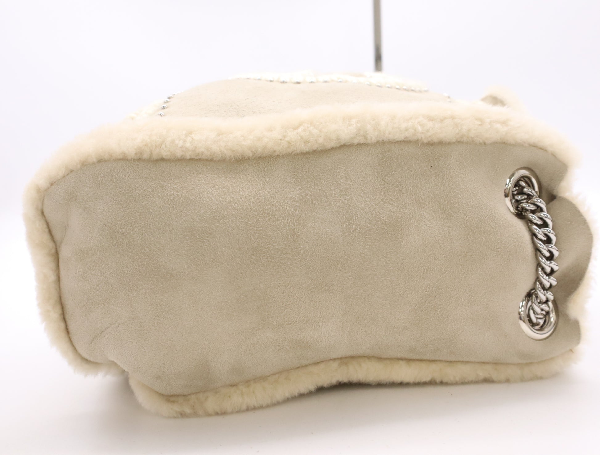 GUCCI 308982 Mouton Soho Boa Chain Shoulder Tote Bag in Gray and Beige with Dust Bag, Pouch, and Charm
