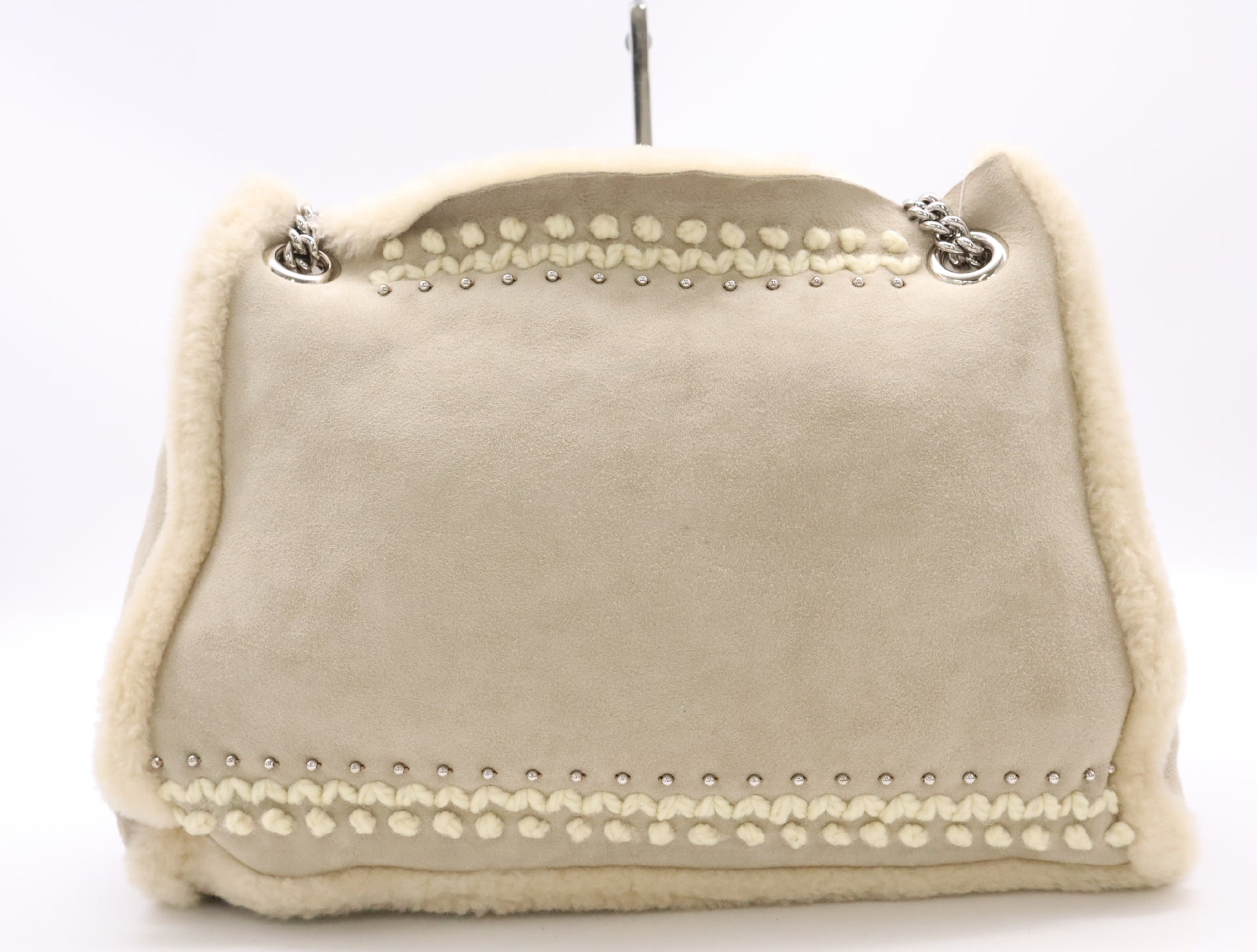 GUCCI 308982 Mouton Soho Boa Chain Shoulder Tote Bag in Gray and Beige with Dust Bag, Pouch, and Charm