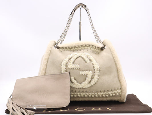 GUCCI 308982 Mouton Soho Boa Chain Shoulder Tote Bag in Gray and Beige with Dust Bag, Pouch, and Charm